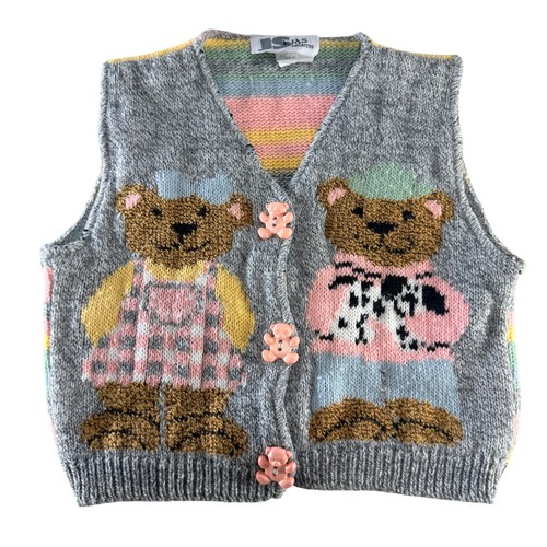 Vintage Teddy Bear Sweater Vest Kids Medium Cottagecore Novelty Knit USA Made