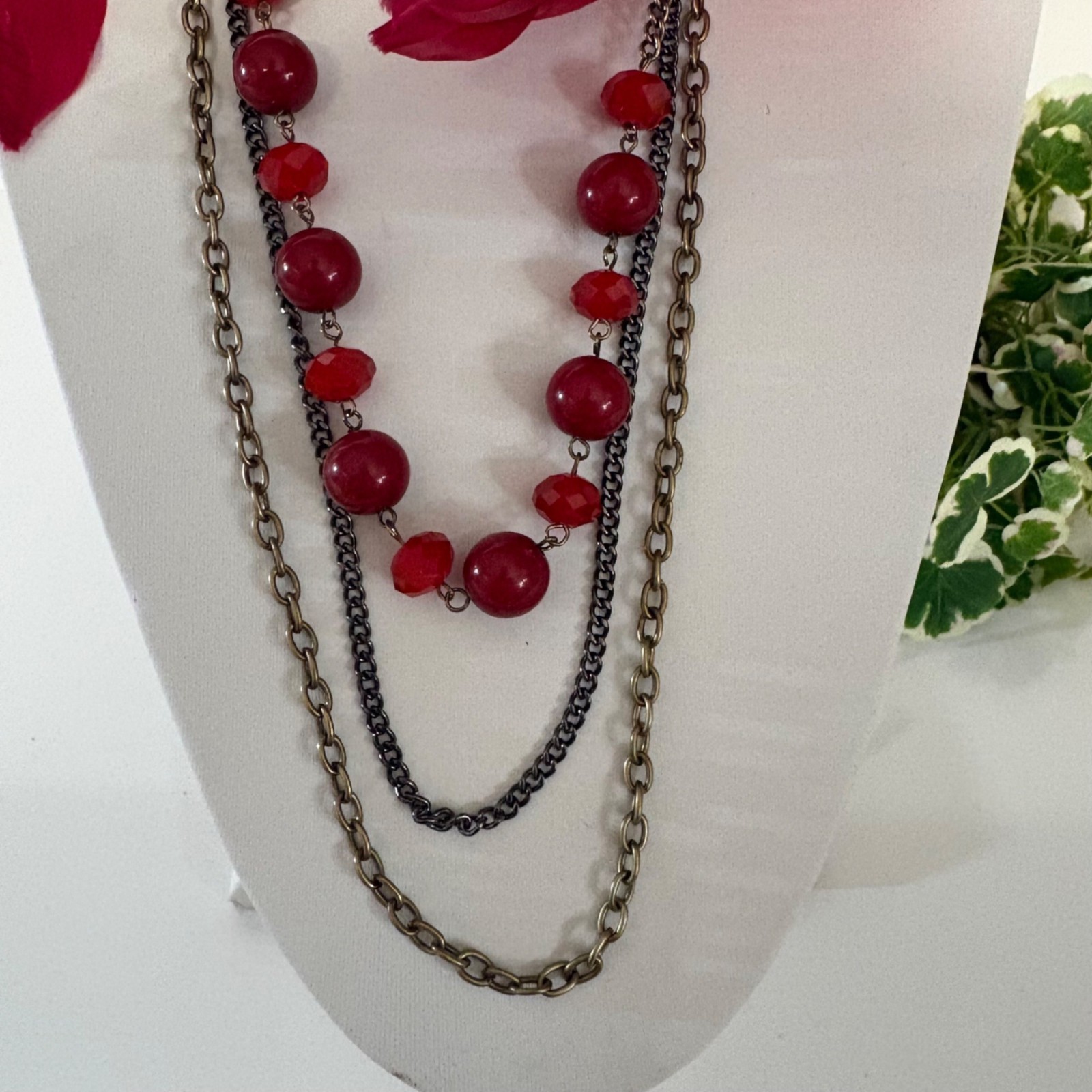 Multilayer Red Feather and Beaded Statement Neckl… - image 2