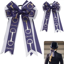 YKW 2 Pack Equestrian Hair Bows for Girls - Navy Blue & White Horse Bit Ribbo...