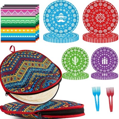 Zippered Tortilla Pouch 2 Pack (12'' & 10'') & Mexican Taco Party Tableware S...