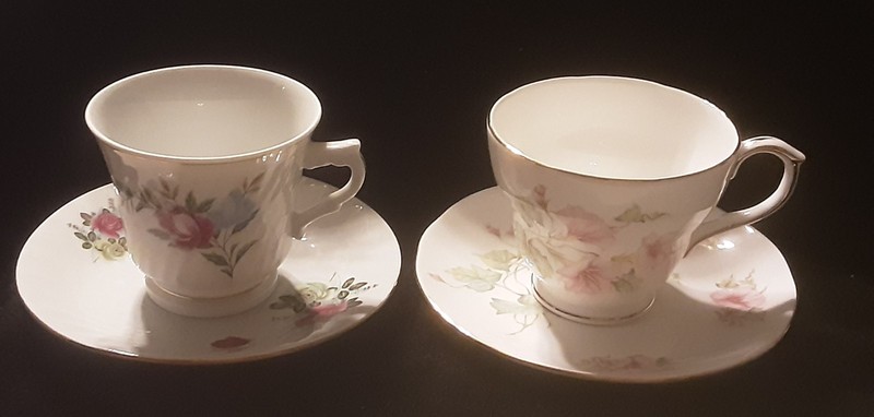 Pair of Vintage BoneChina Floral Teacups & Saucers; Pink MorningGlories  & Roses