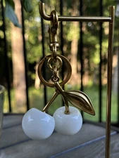 🤍 White Cherry Bag Charm Keychain – Gold Metal & Resin 🍒🍒 USA Ship