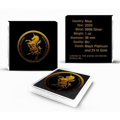 2023 1oz Niue Silver Scottish Unicorn Black Platinum 24k Gold Gilded Coin - Picture 2 of 3