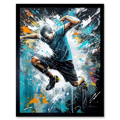 Mann macht Parkour Sprung Pose Farbe Splat Portrait gerahmtes Kunstbild Druck 9 x 7 Zoll