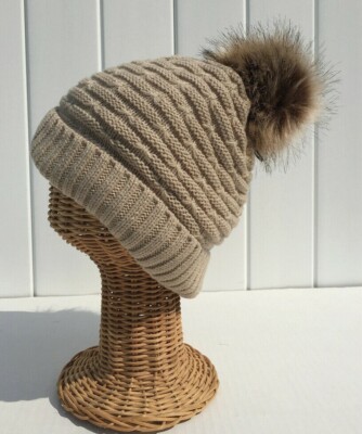 Winter Thick Warm Lined Knit With Faux Fur Pom Stretchy Beanie Ski Hat Beige  #H