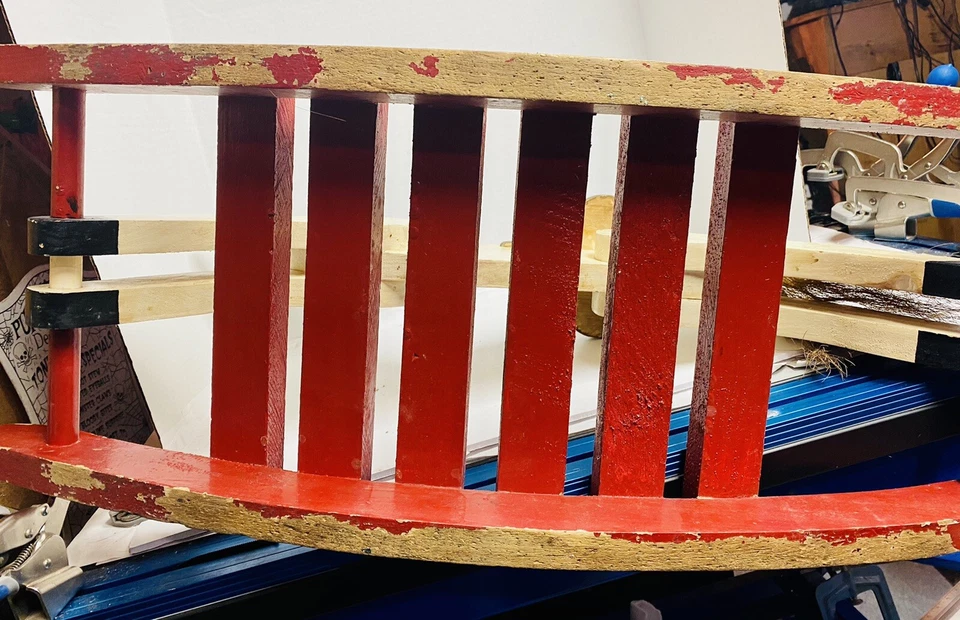 Antique Rocking Horse “Pony Boy” Wooden w/ Twine Tail Red & White w/ Blue Eyes - Image 4 of 4