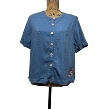 Koret Summer Cropped Denim Button-Down Top w/Tropical Embroidered Back Size L