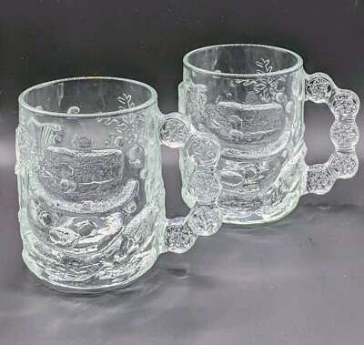 Pair Vintage Luminarc USA Heavy Clear 3D Glass Snowman Mugs Cups Christmas 10 oz