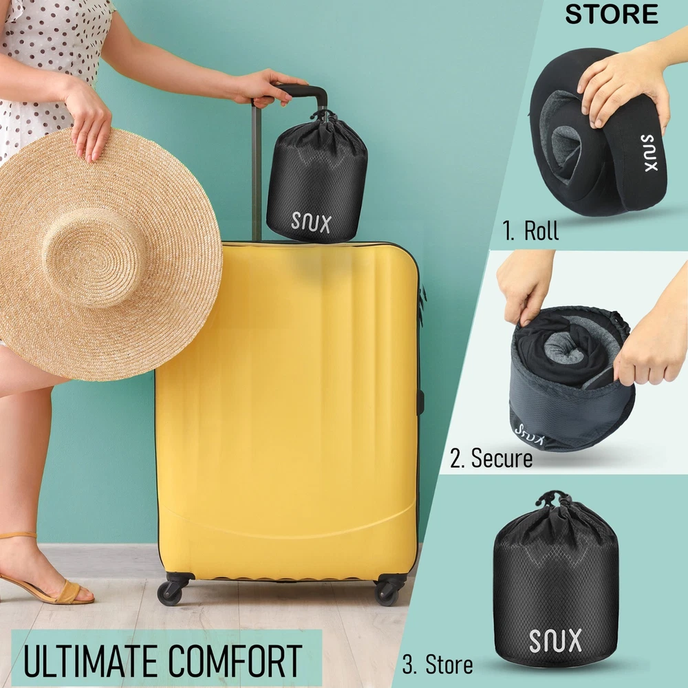 Snux 360 Memory Foam Travel Pillow with Hood for Neck Support