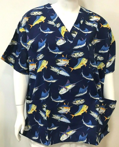 NWT Plus Size Uniform Scrubs Top Blue or White w/ Marlin Fish Unisex 3 Pockets - Picture 11 of 31