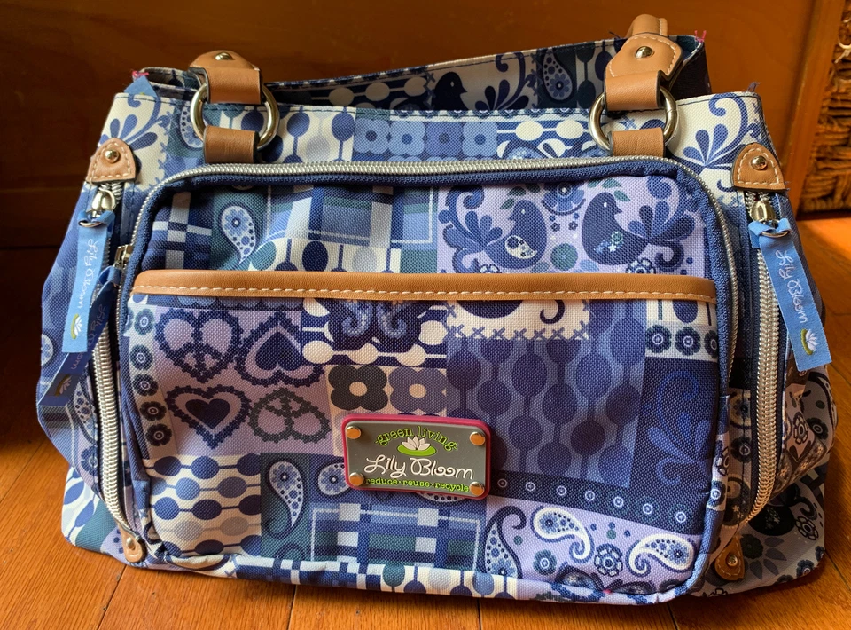 Bolsa de ombro Lily Bloom design azul e branco vários compartimentos verde rosa vivo - Imagem 2 de 4