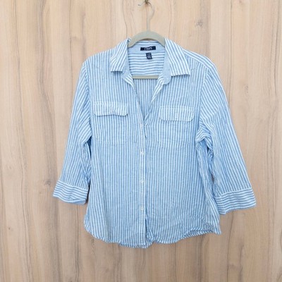 Chaps Womens Linen Striped Button Down Shirt XL Blue Coastal Nautical Preppy