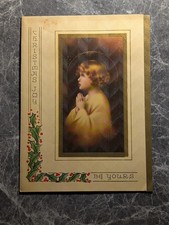 Vintage Christmas Card Child Angel Praying Chevron Texture Gold Foil 1950s