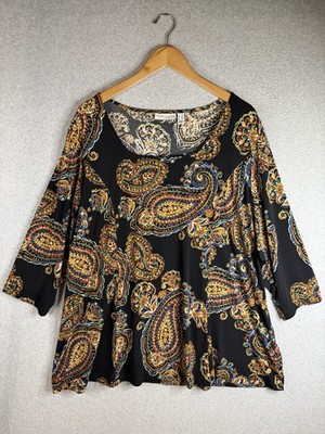 Susan Graver Top 2X Black Paisley Dark Boho Liquid Knit Whimsical