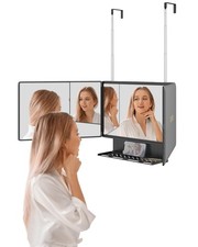 3 Way Mirror with Storage Shelf, Trifold Self Haircut 360° Barber Mirror with...