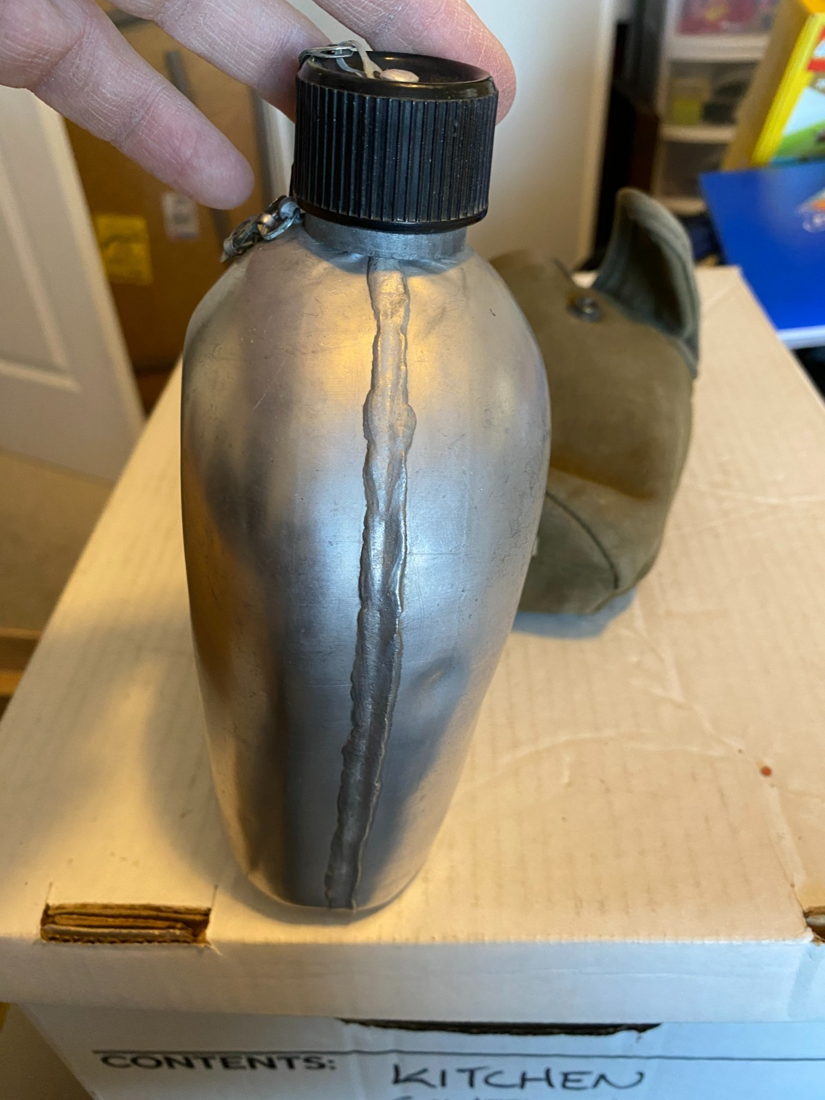 Vintage military aluminum dented canteen w/ green canvas cover unmarked