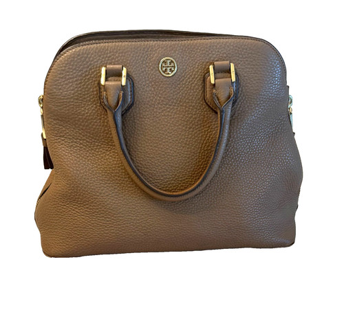 Tory Burch Robinson Pebbled Leather Double Zip Satchel Crossbody Tan Brown
