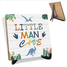 Little Man Cave Boy’s Room Dinosaur Wooden Plaque Sign w/ Stand 5” x 5” Square