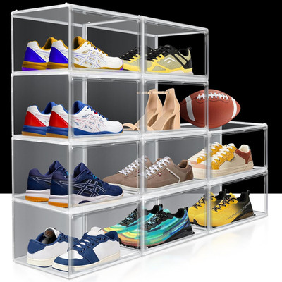 Clear Stackable Sneaker Boxes - 12 Pack with Magnetic Door, Dustproof Storage