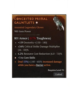 Diablo 4 S14 Conceited Primal Gauntlets 1GA Core Skills Legendary Gloves Gear