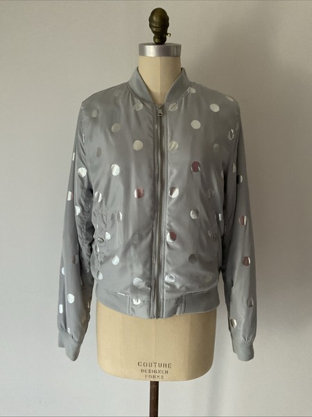 FRENCH CONNECTION Sz M Grey Bomber Light Insulated Jacket Metallic Silver Spots