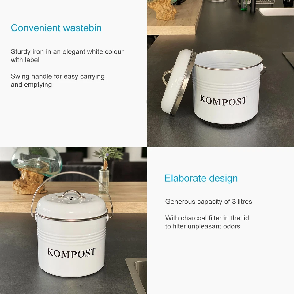 Komposteimer Biomülleimer Eisen 21.5x19x20.5 cm 3L Mülleimer inkl. 2 Kohlefilter - Bild 3 von 4