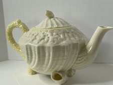 Antique Vintage Belleek Ireland Neptune Yellow Limpet Seashell Teapot w/ Lid