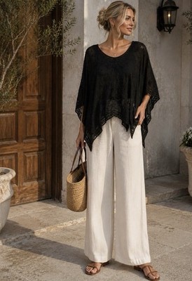 Scala Black Sheer Chiffon Beaded Embroidered Poncho Blouse 3/4 Sleeve L