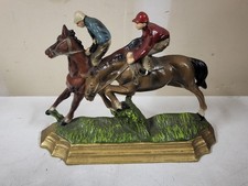 Vintage Cast Iron Door Stop Equestrians on Horseback Racing Two Jockey on Horses