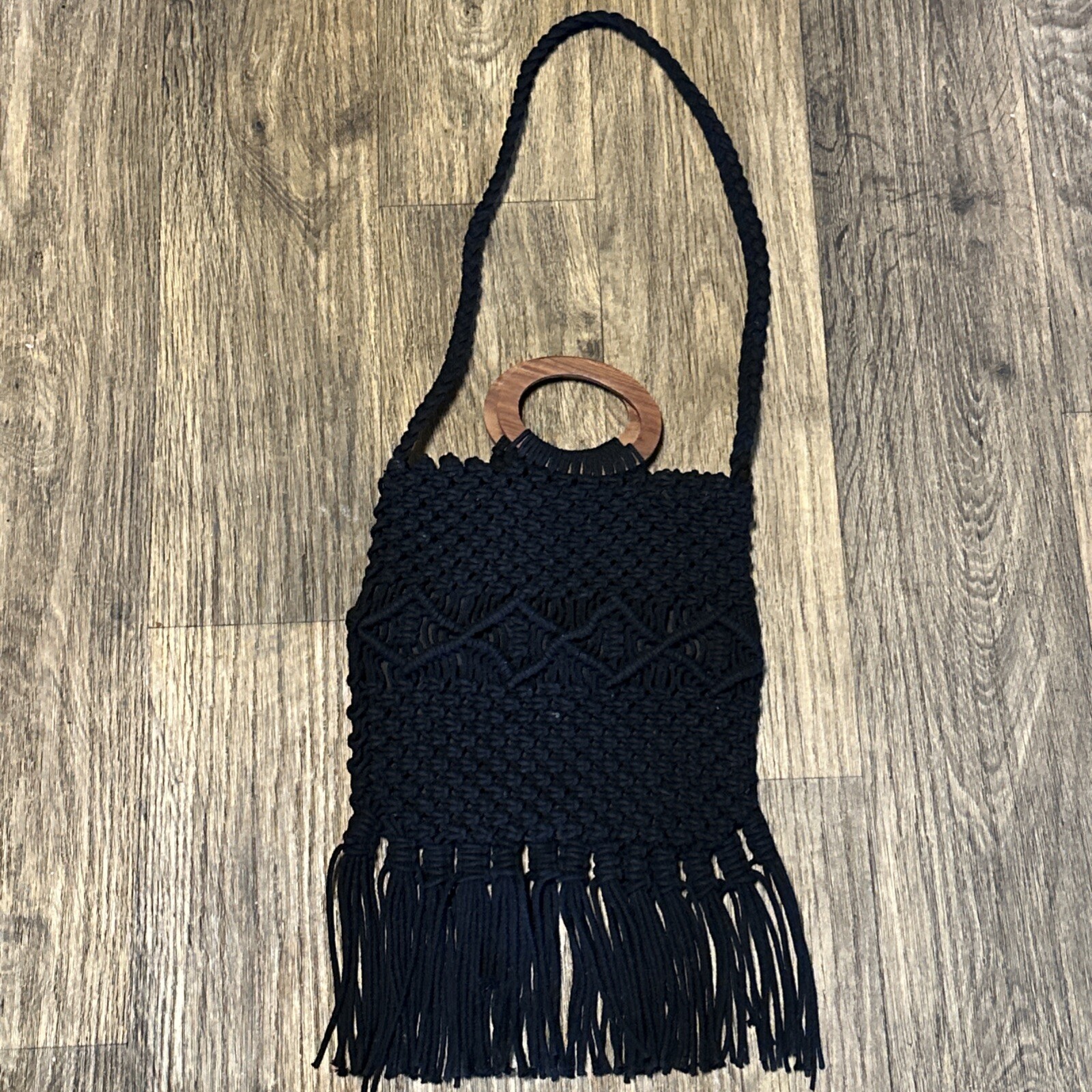 DANIELLE NICOLE Black Macrame Crochet Woven Wood … - image 2