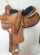 Western Trail Pleasure Barrel Saddle 16" Med Tan Tooled Roughout Fenders/Jockey