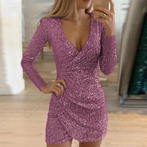 Women Sequin Printed Mini Dress Bodycon Deep V Neck Party Club Cocktail Dress - Picture 31 of 34