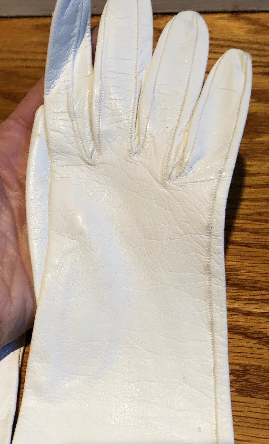 Vintage Kid Skin White Leather High Gloves Sz 6 Navy … Gem