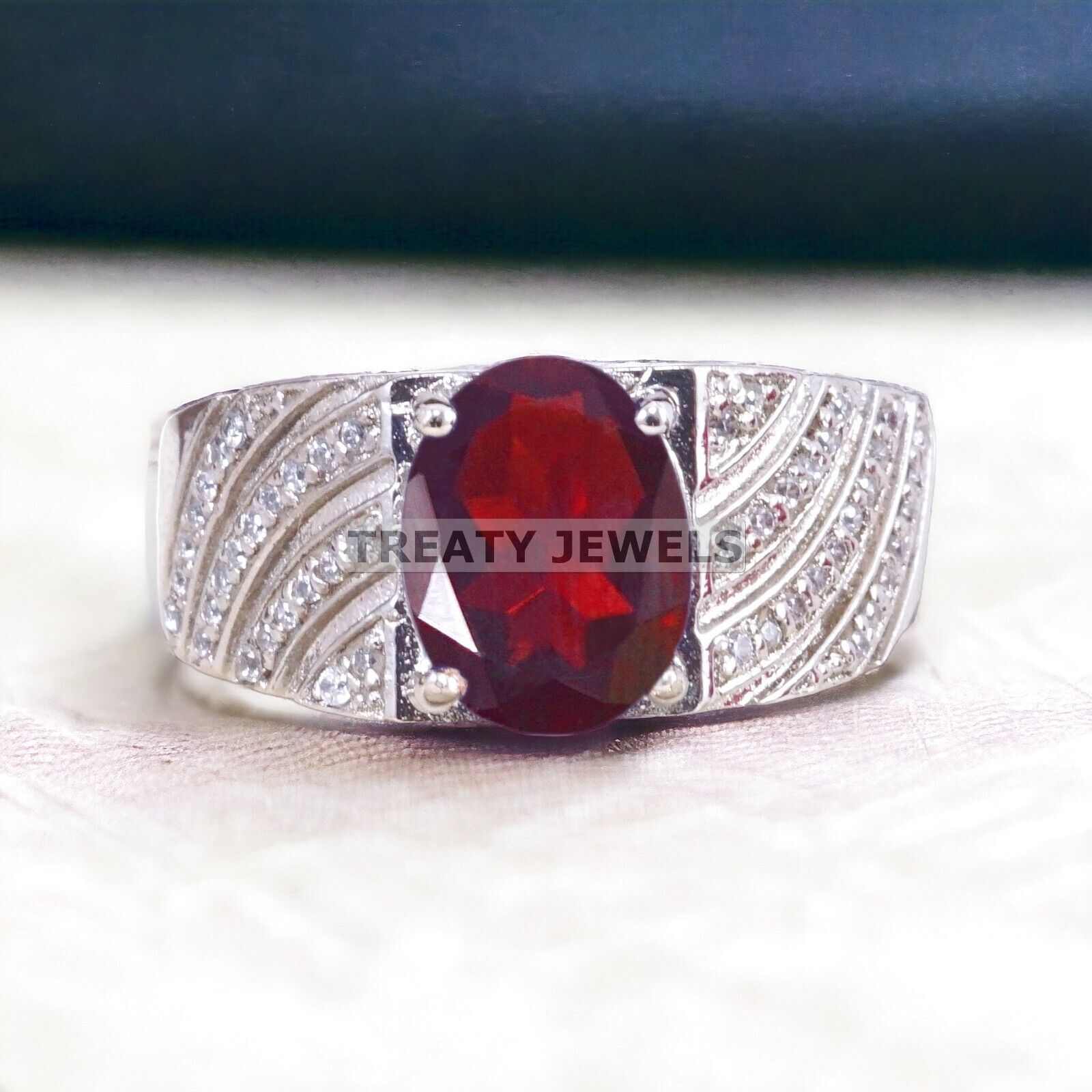 Garnet Oval Cut Gemstone With 925 Sterling Silver Ring For Men's #A358 *