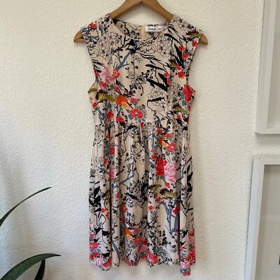 Floral Mini Dress Sleeveless Sunny Girl Sz M Cream & Black with Colorful Flowers