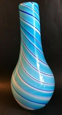 HAND BLOWN CASED TURQUOISE  WHITE SWIRL ART GLASS VASE  12"