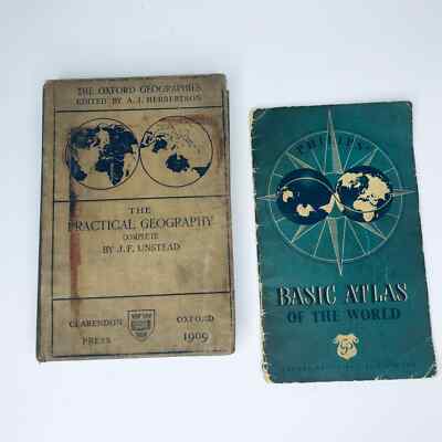 Vintage Geographie Buch Lot X2 Praktische Geographie 1909 Grundatlas 1955 selten
