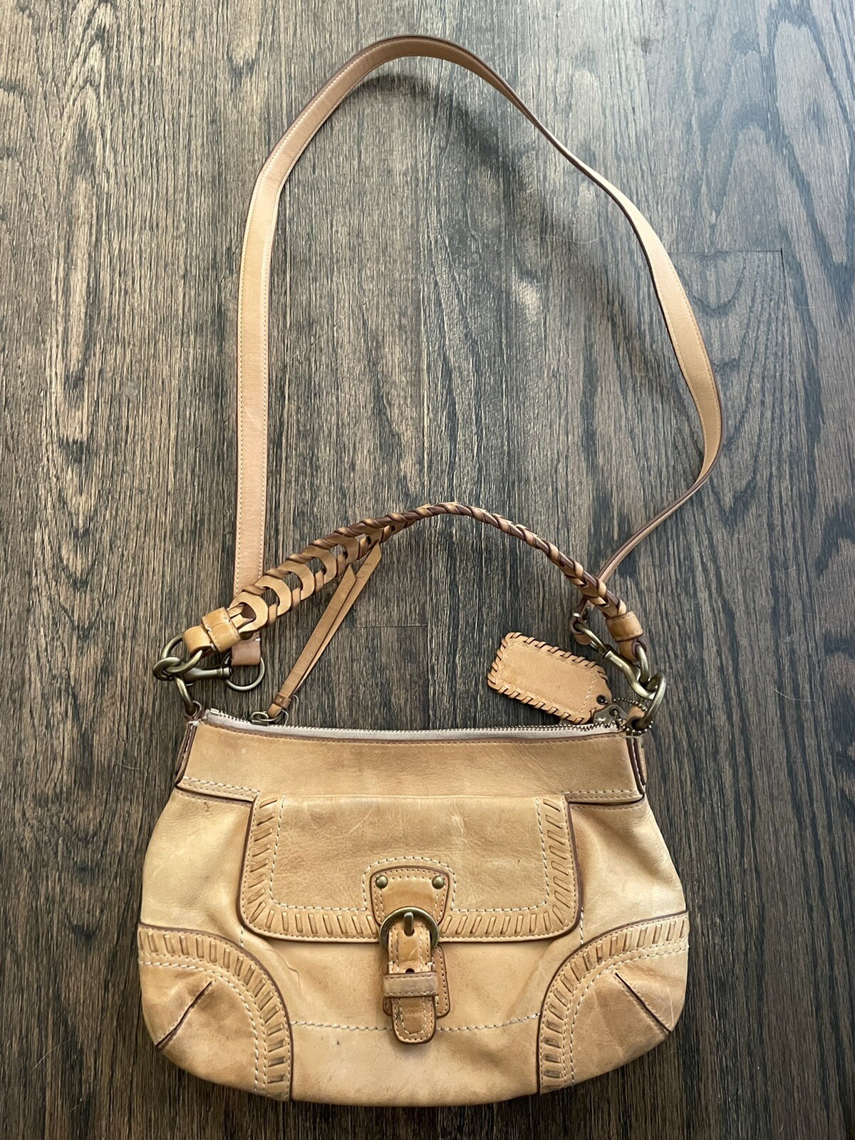 Coach Crossbody Bag Tan Leather Closure Gem