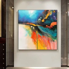 Blue Abstract Oil Painting Thick Textured Hand Painted On Canvas Wall Art Red