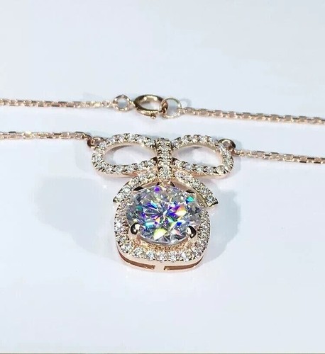 2Ct Round Cut Lab Created Diamond Bow Knot Halo Pendant 14K Rose Gold Plated - Picture 2 of 2