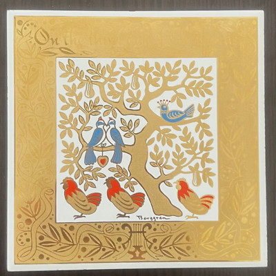 The Third Day of Christmas Gold Birds Tree Trivet Tile Vintage Berggren On