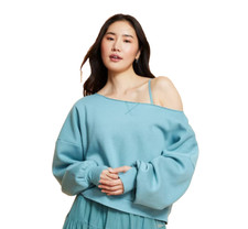 Blogilates Dance Studio Off the Shoulder Sweatshirt XL Teal Blue