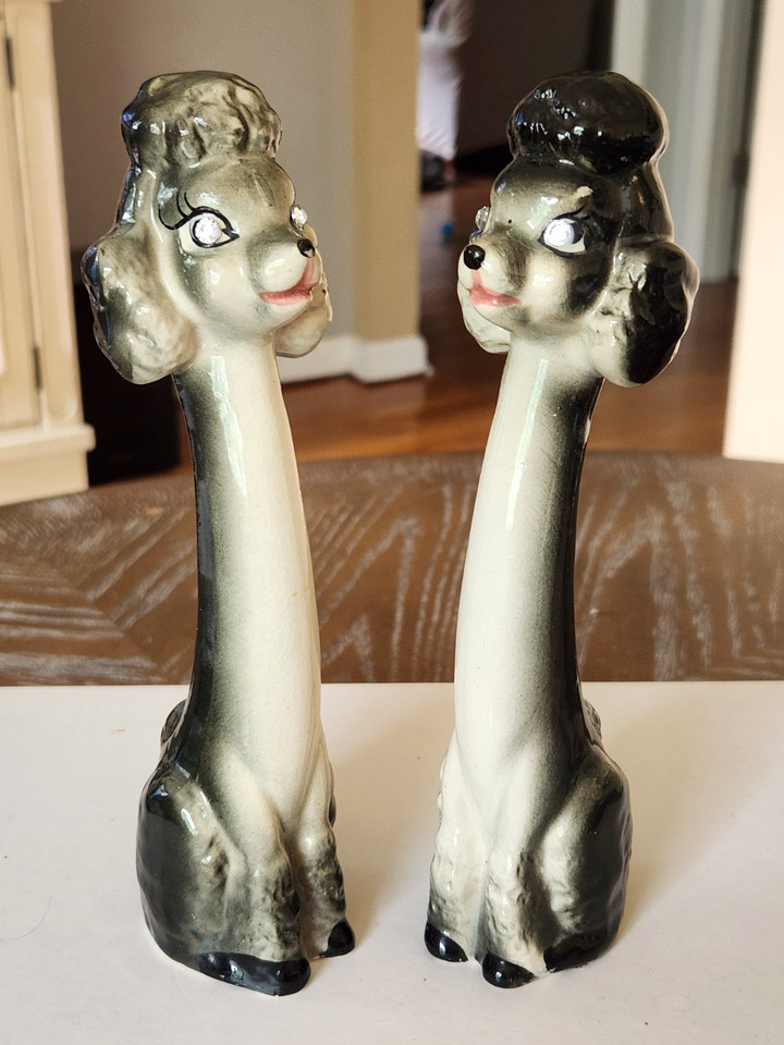 Long-necked black poodle shakers with actual rhinestones — absurdly glamorous 1950s Japan kitsch that's hard to find in this condition.