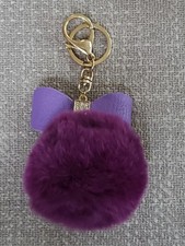 Fluffy Purple Pom Pom Faux Fur Keychain Bag Charm w/Bow Rhinestone Accessory EUC