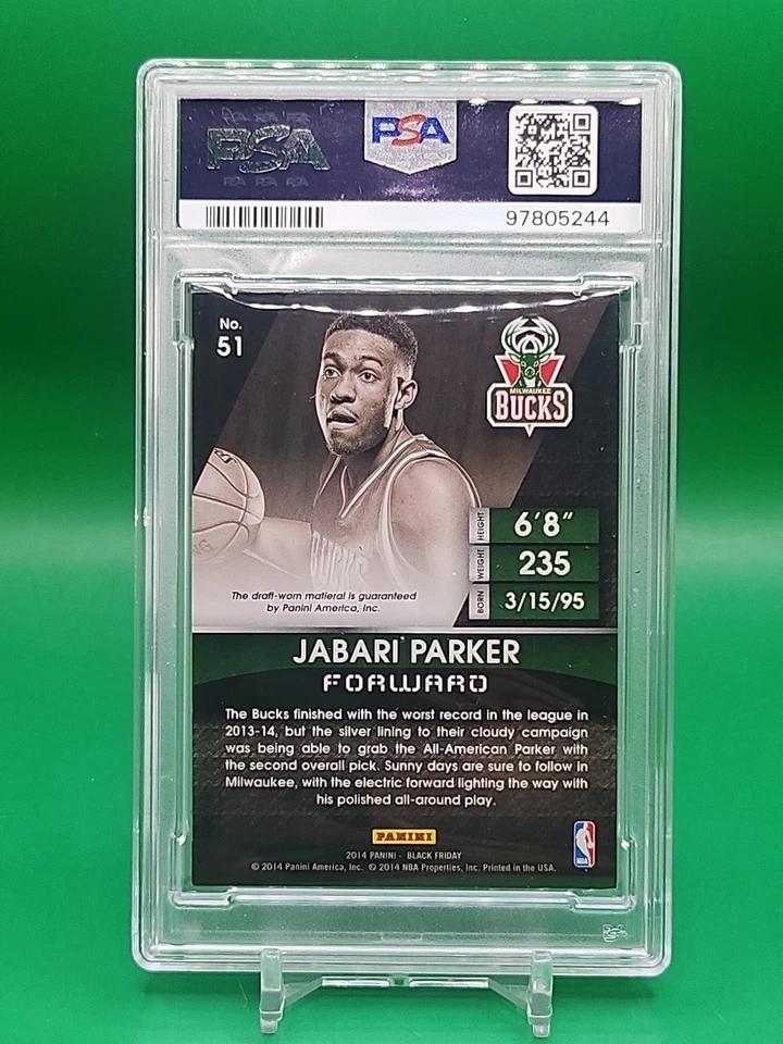 Panini Black Friday Jabari Parker Cracked Ice 2014 - parche de 3 colores borrador usado PSA Foto 3 de 3