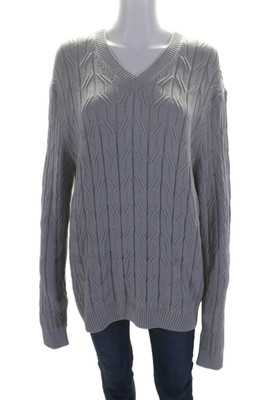 Saks Fifth Avenue Womens Cotton V-neck Ribbed Knitted Sweater Gray Size L