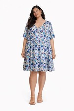 Plus Size Multicolor Floral A-Line Dress V-Neck Short Sleeve Pullover Casual