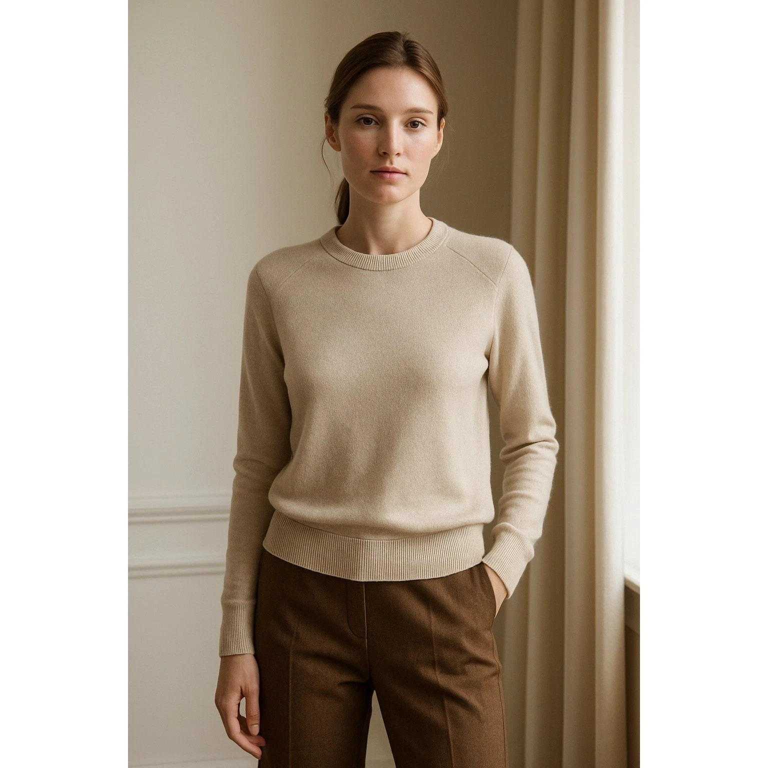 Jenni Kayne Crosby Crewneck Sweater Womens M Oatmeal 100% Merino Wool Minimalist