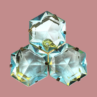 Vintage Gold Tone Triple ICE BLUE Hexagonal RESIN Stone Brooch 1.5''