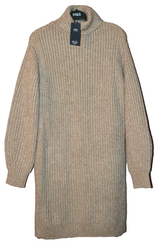 M&S KNITTED RIBBED ROLL NECK LONGLINE JUMPER DRESS TOP SIZE M MEDIUM - NEW